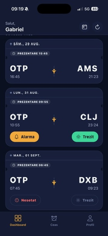 Dashboard-ul aplicatiei cu cursele programate
